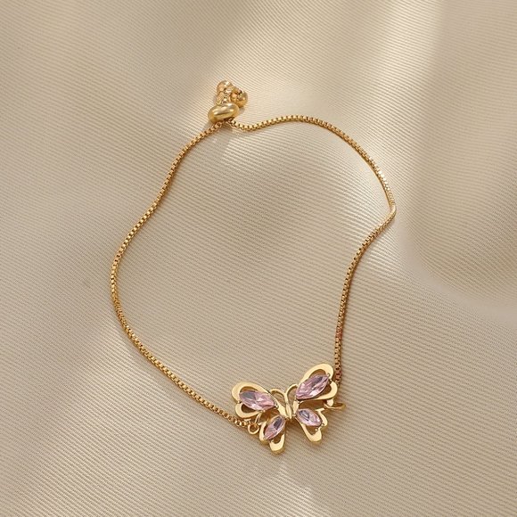 3/$35 Pink Butterfly Pendant Charm Copper Gold Chain Bracelet Crystal Jewelry - Picture 4 of 5